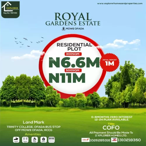 ROYAL GARDENS ESTATE LAND FOR SALE IN MOWE OFADA, OGUN STATE NIGERIA